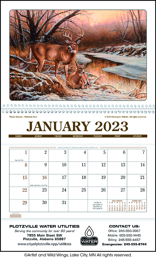 Spiral Bound Wildlife Art Pocket Wall Calendar for 2023